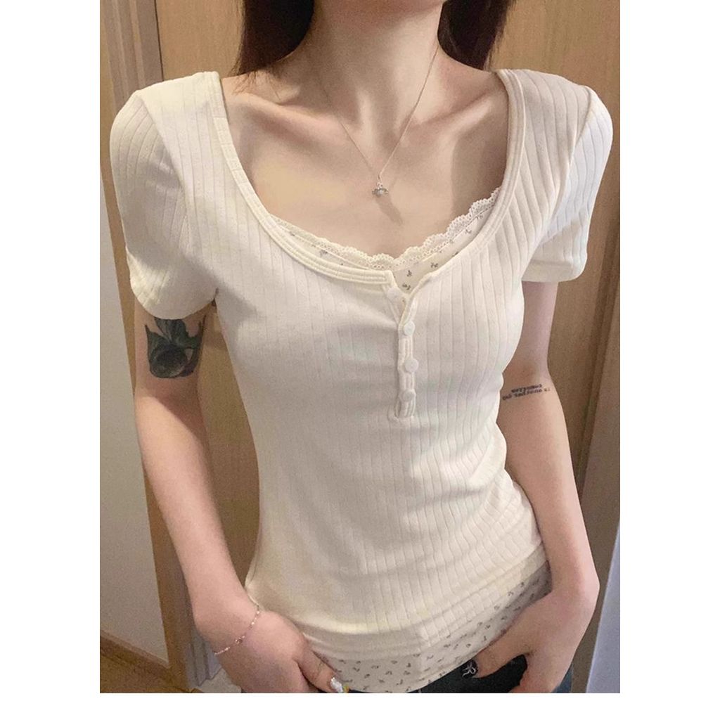 8776 #Lily Giao Hàng Vải Jacquard Giả Hai Mảnh Hoa bm Áo Thun Nữ Tay Ngắn