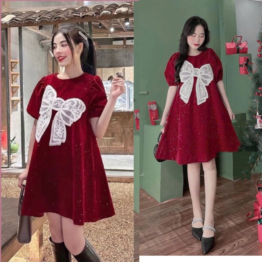 Váy đầm babydoll đính nơ to dáng xòe chất nhung kim tuyến xinh xắn đi chơi dạo phố lễ tết, đầm nhung