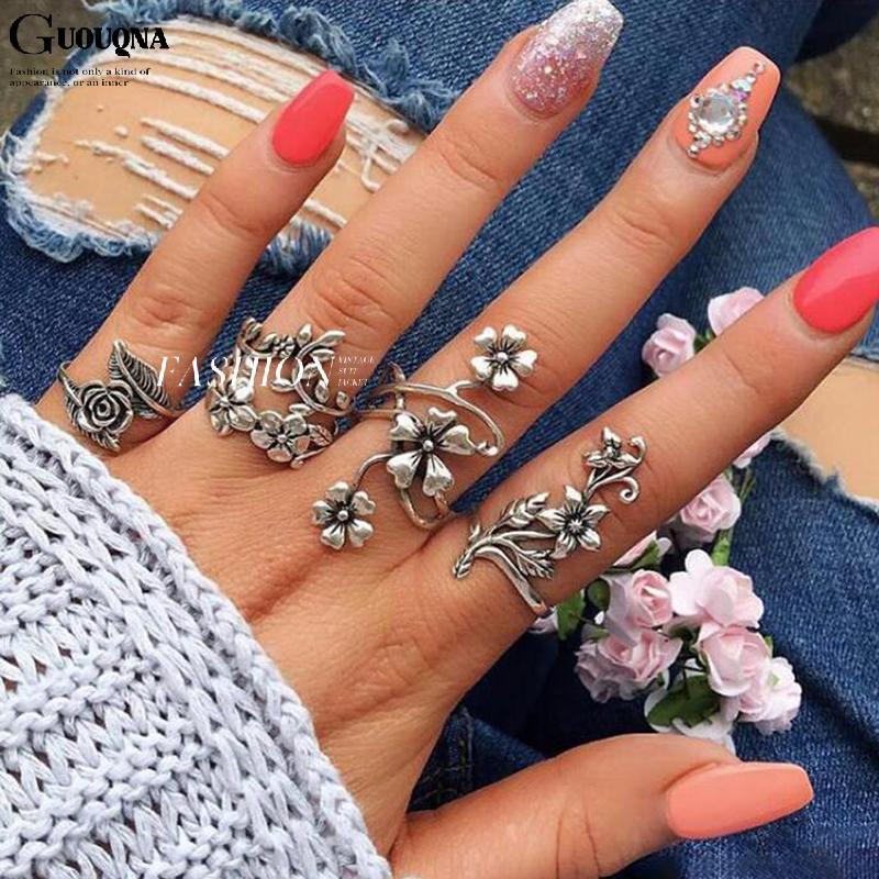 GUOUQNA 4 Bộ Nhẫn Bạc Bohemia Cổ Hoa Hồng Nhẫn Nữ Charm Nhẫn BASL