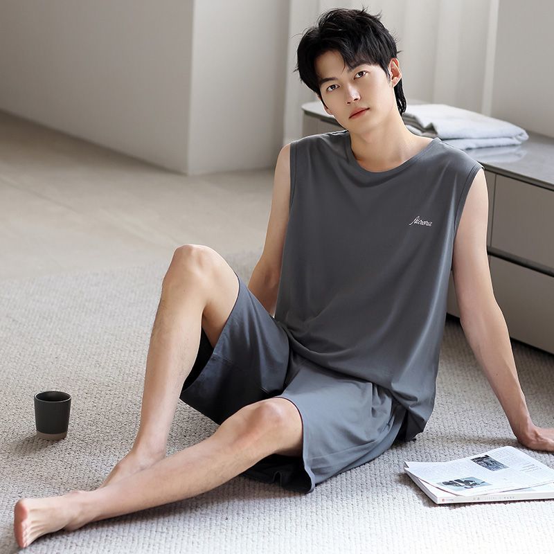 2026新款睡衣男2026薄款冰丝凉感背心短裤无袖休闲天家居服套装Pajamas Men's 2026 Thin Ice Silk Cool Vest20260515