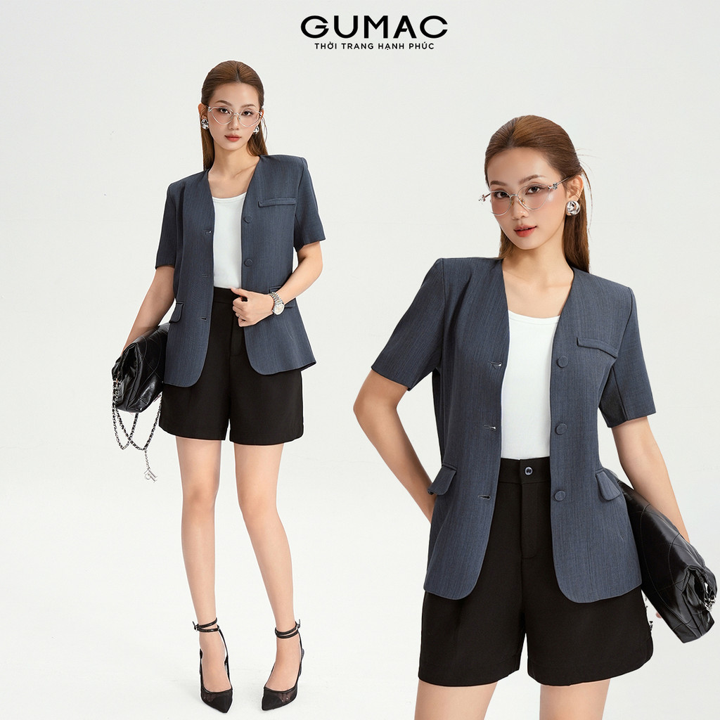 Áo khoác blazer nữ dáng suông GUMAC tay ngắn có đệm vai mỏng may hai lớp LOWG0104