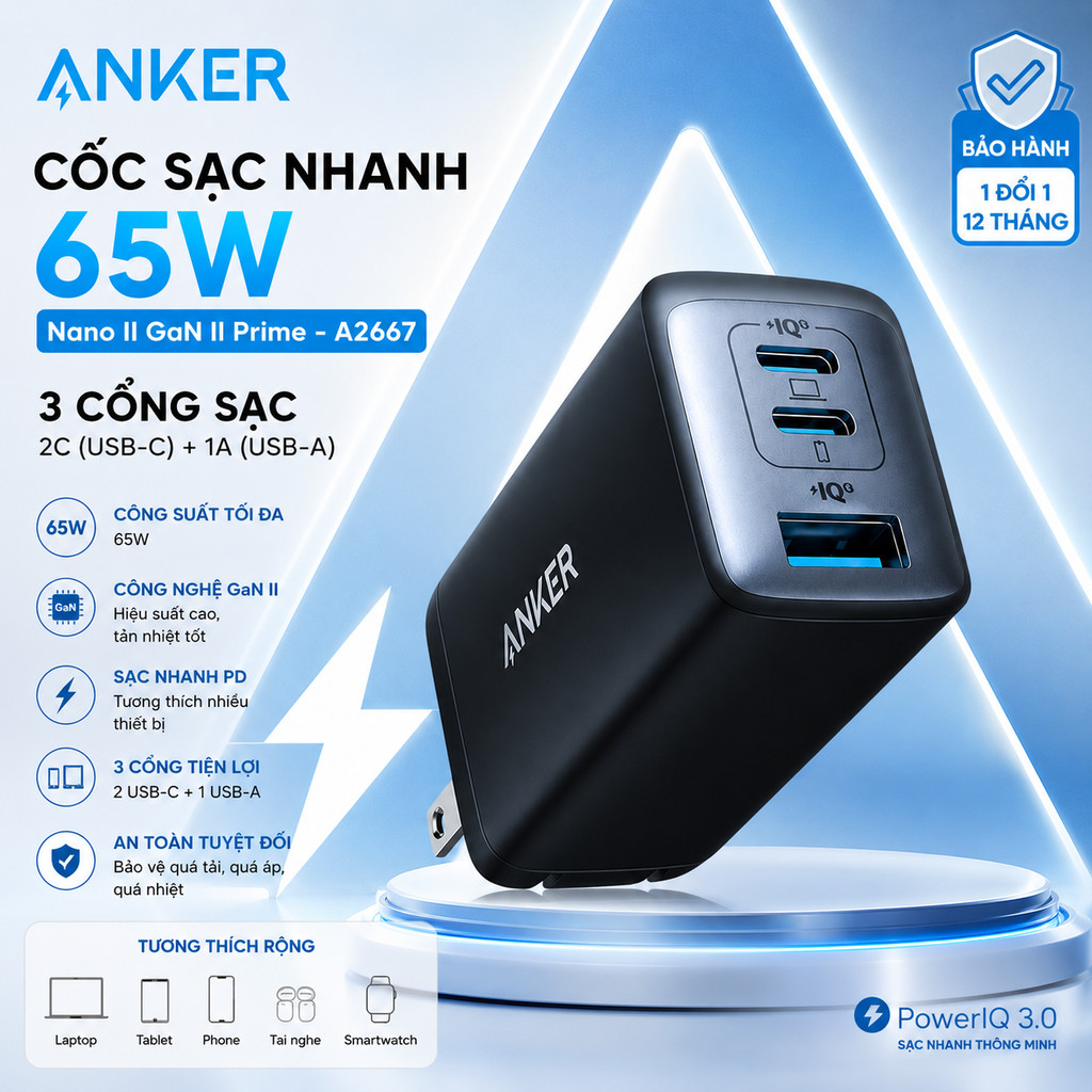 Cốc Sạc nhanh Anker A2668 65W/ A2667  B2667 A2674 seri 3  - GaN Prime NANO II 65w 3 cổng ( 2C - 1A )