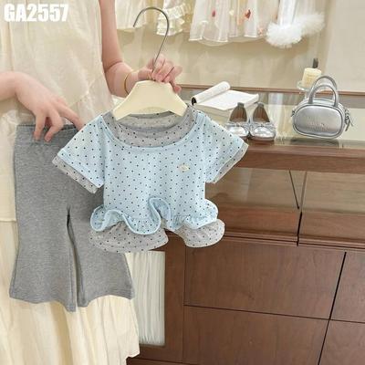 Set Quần Áo Bé Gái Áo Thun Cộc Tay Chấm Bi Giả Hai Lớp Quần Thun Ống Loe Co Giãn MINTSCLOSET GA2557