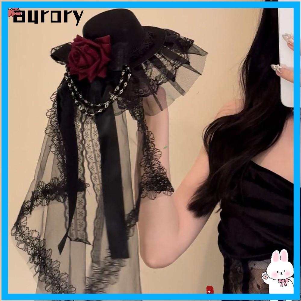 AURORY Gothic Veil Rose Top Hat, Hoa Nơ Trang Trí Gothic Dark Gothic Gothic Mũ Gothic, Trang Phục Hó