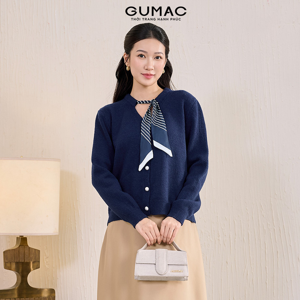 Áo khoác cardigan nữ phom suông ôm nhẹ cổ đính kèm khăn lụa thời trang GUMAC AF11047