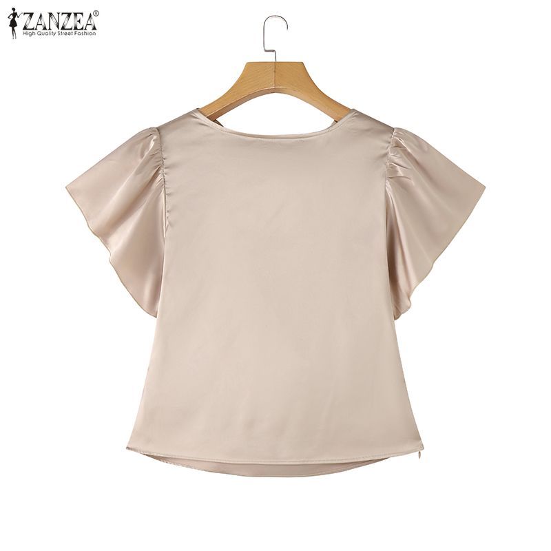 ZANZEA Nữ Vintage Thanh Lịch Sang Trọng Cổ Xoay Ruffle Tay Áo Xếp Ly Satin Chắc Chắn Áo | BigBuy360 - bigbuy360.vn