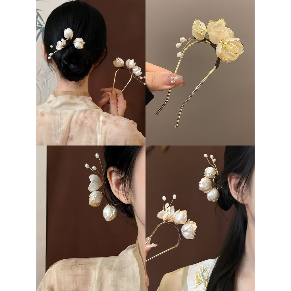 Kẹp Tóc Hình Hoa Mộc Lan Và Tua Rua, Phong Cách Thời Trang Hàn Quốc, Ngọc Trai Giả