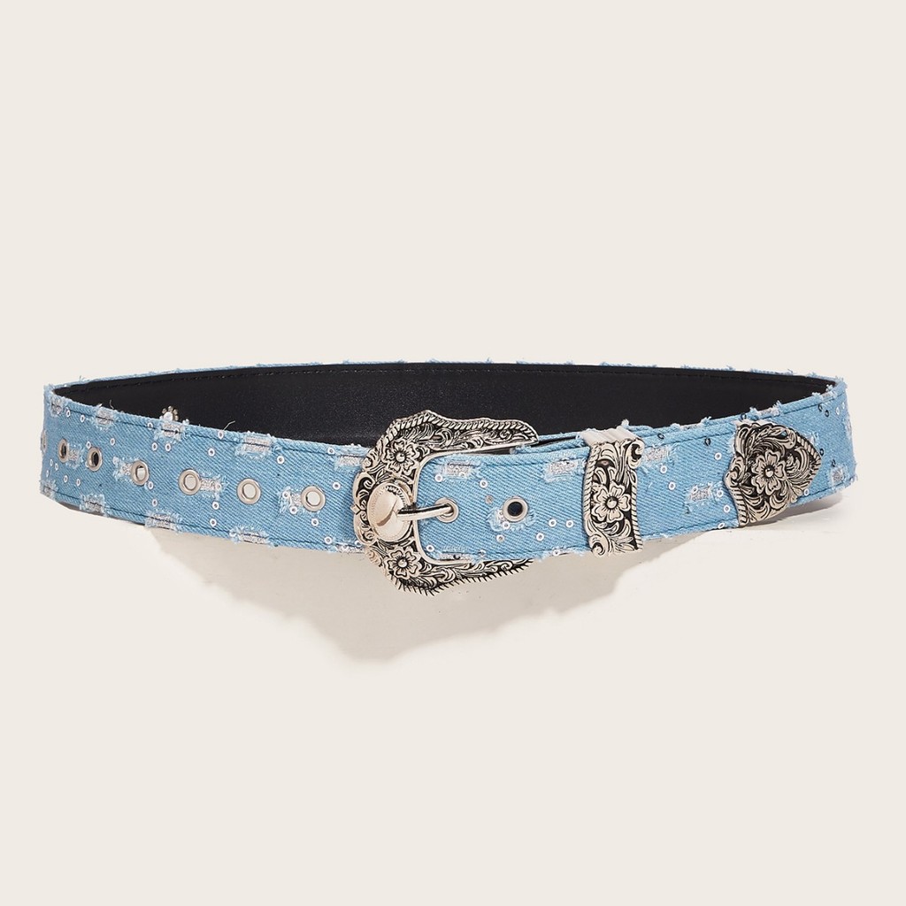 Thắt lưng denim xanh nữ phong cách retro Y2K, phù hợp với outfit vintage
