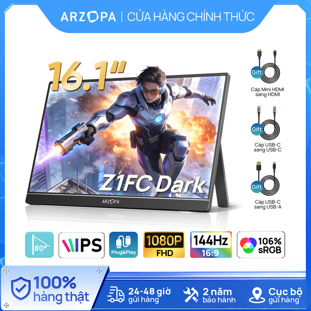 Màn hình chơi game di động ARZOPA 16.1 '' 144Hz, 100% sRGB, 1080P FHD với màn hình máy tính xách tay HDMI HDR cho Switch, PlayStation, Xbox, PS5, Mac | BigBuy360 - bigbuy360.vn