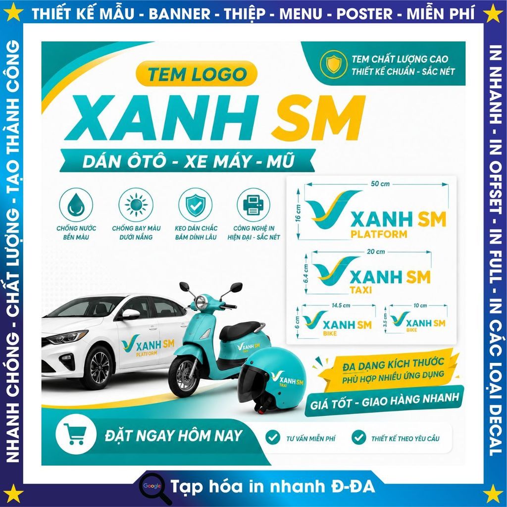 Tem Logo Xanh SM dán Ôtô, Xe máy, Mũ Bảo Hiểm -Nhận In Tem Theo Yêu Cầu