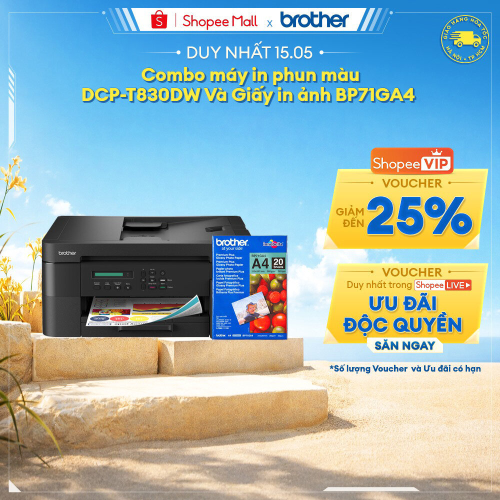 Combo máy in phun màu đa năng Brother DCP-T830DW+ Giấy in ảnh BP71GA4