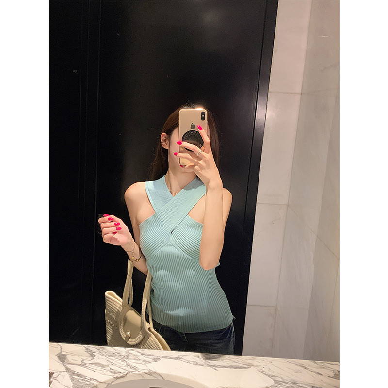 Moses Queen / Moses Queen Cross Halterneck Dệt Kim Vest Nữ Mùa Hè Gợi Cảm Pure Desire Hot Girl Camis
