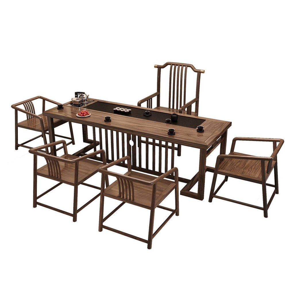 Walnut New Chinese Style Solid Wood Tea Table and Chair Set, Office Kung Fu Tea Table Set, Integrate