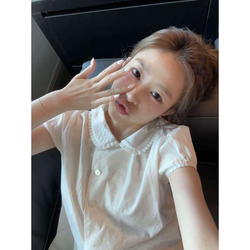 áo kiểu babydoll áo babydoll Áo sơ mi trắng tay ngắn cổ búp bê, áo sơ mi trắng thiết kế tay phồng vi