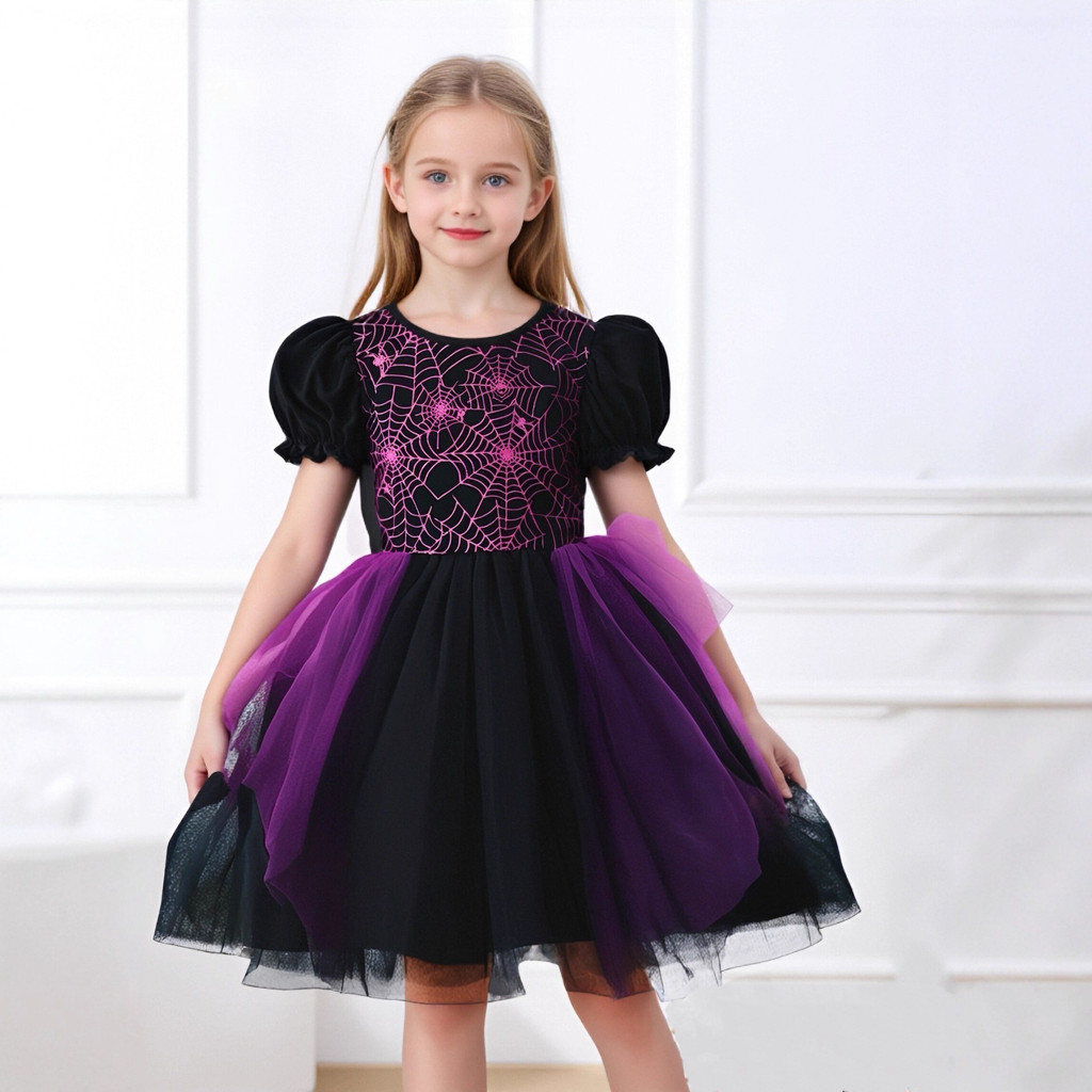 Bé Gái Halloween Tay Ngắn Nhện Web Đầm Đen Tím Đảng Phong Cách Gạc Pettiskirt 60318