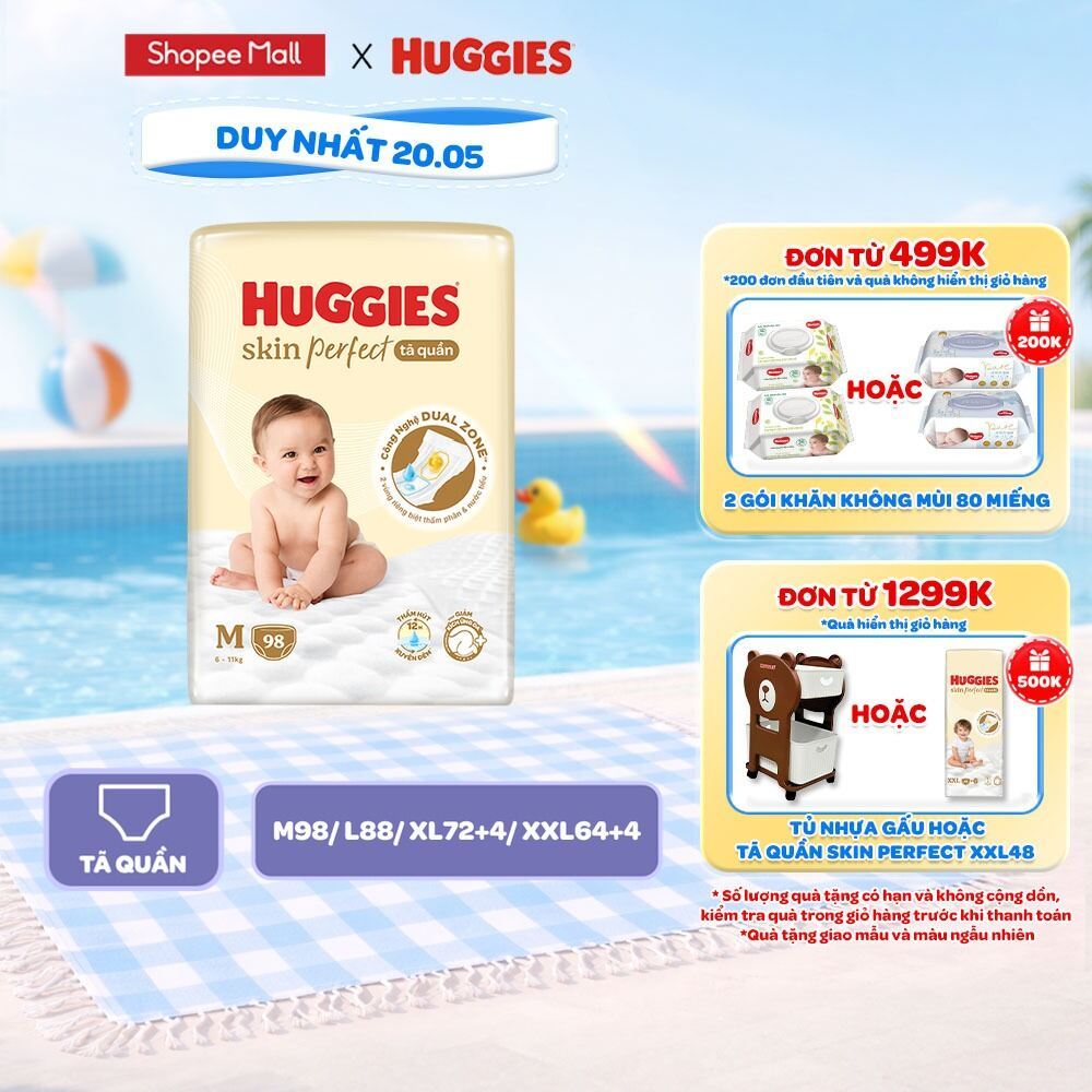 Tã quần Huggies Skin Perfect Mega Jumbo cỡ M/L/XL/XXL với 2 vùng thấm giảm kích ứng da