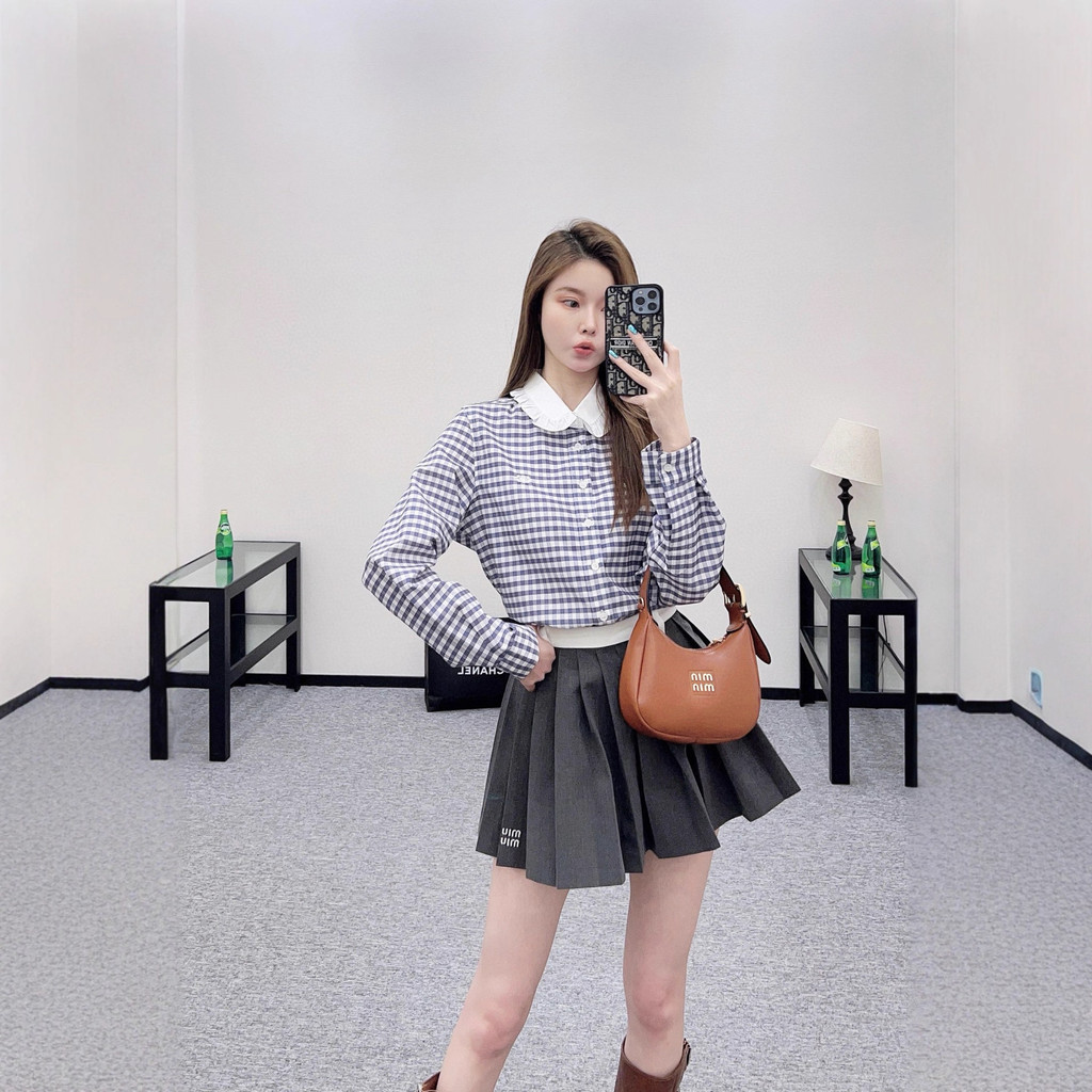 LREV CE* Autumn Winter New Lace Collar Blue and White Checkered Shirt Turn-down Collar Long Sleeve R