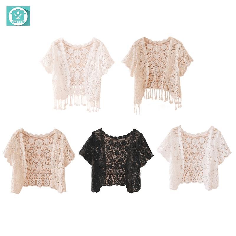 Woedpez Nữ Móc Tua Rua Ren Hoa Cardigan Tay Ngắn Bolero Shrug Cho Váy