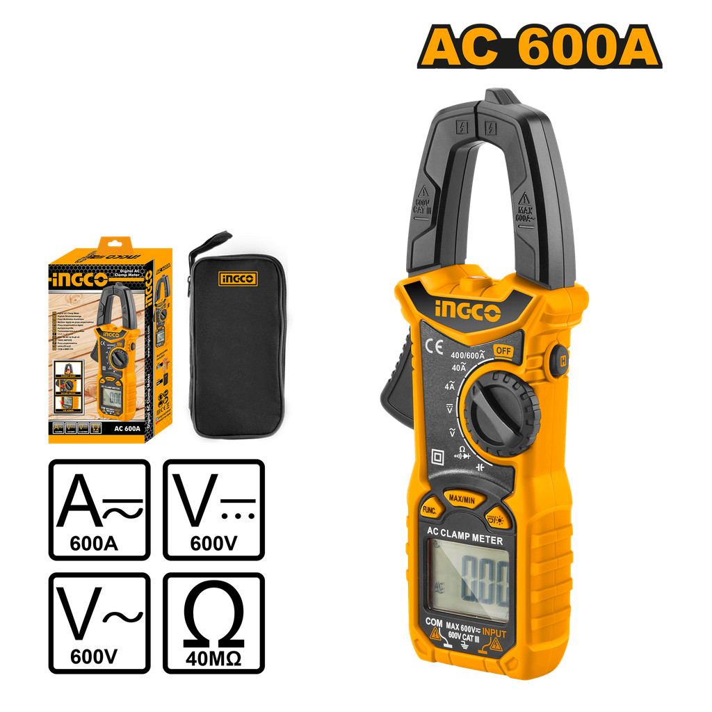 Ampe kìm INGCO DCM6003, đồng hồ đo điện ampe kìm kỹ thuật số đo AC 600A