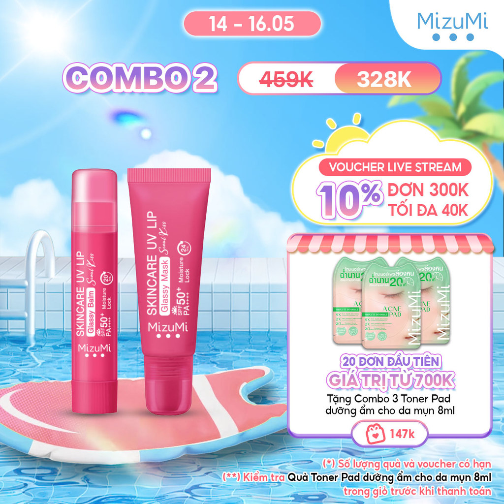 Bộ Đôi Son Dưỡng Môi và Mặt Nạ Môi Chống Nắng MizuMi Skincare UV Lip Glassy Balm 3.5g & Glassy Mask 