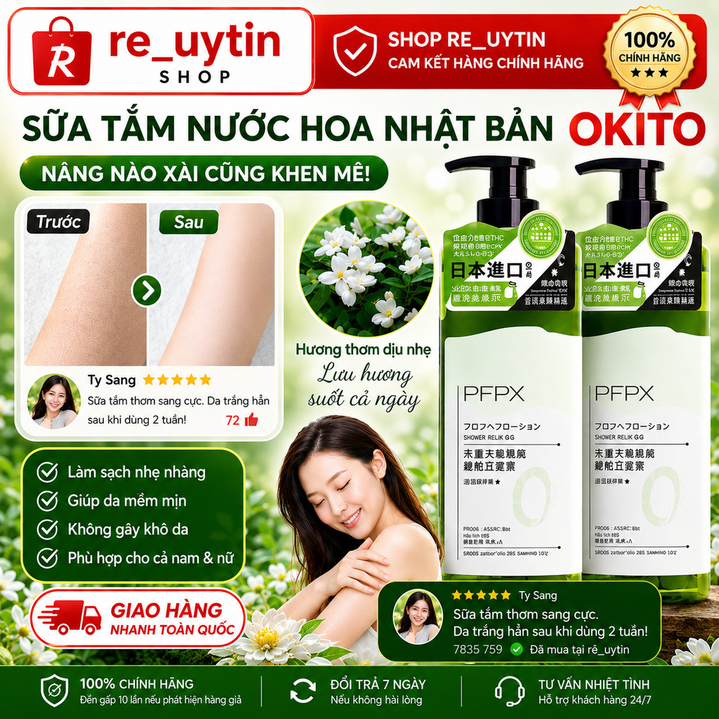 Sữa Tắm Nhật Bản OKITO Cao Cấp – Thơm Lâu, Sạch Sâu, Da Mềm Mịn Tự Nhiên