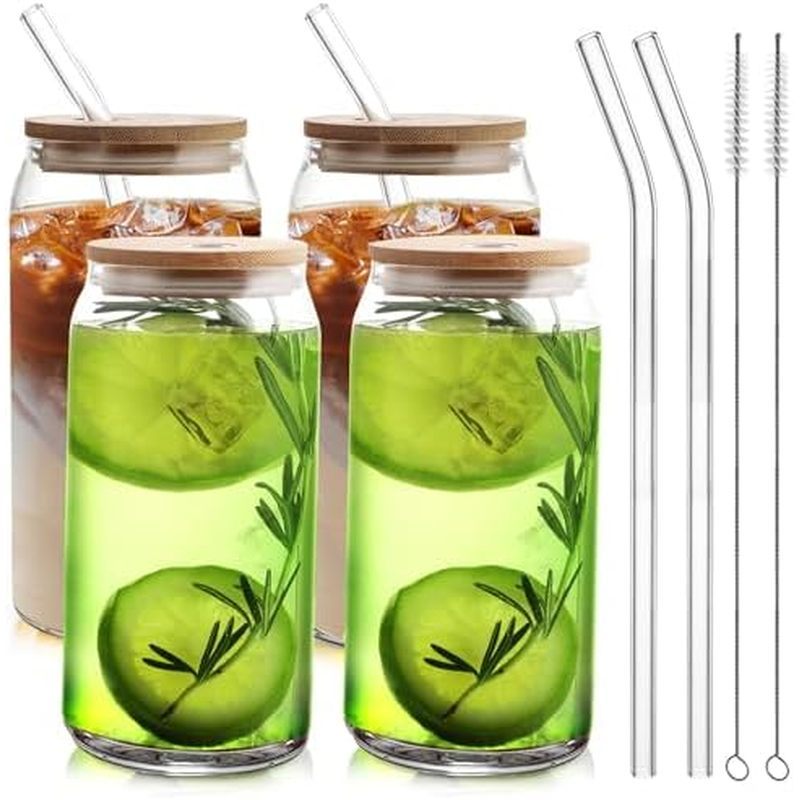 HOMBERKING Glass Cups with Bamboo Lids and Straws 8pcs Set, 20oz Cups, Beer Glasses, Iced Coffee Cup