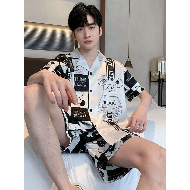 2026新款冰丝睡衣男士短袖短裤薄款男生少年2026年家居服开衫套装Ice silk pajamas men's short sleeve shorts thin boys less20260515