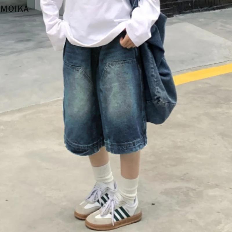 MOIKA Y2K Vintage Baggy Jean Quần Short Nữ Rửa Chân Rộng Capri Quần Thường Ngày Thùng Quần Jean Deni