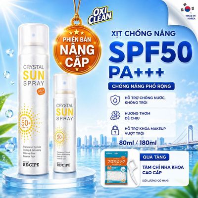 Xịt Chống Nắng Cao Cấp Recipe Crystal Sun Spray Hàn Quốc SPF 50+ PA++++ Dùng Cho Mặt và Cả Body 80ml/180ml