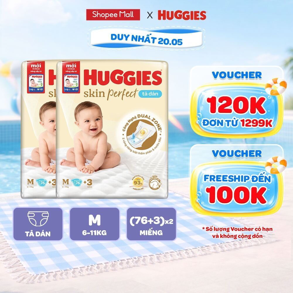 Combo 2 Tã/bỉm dán Huggies Skincare Super Jumbo M76+3/L68/XL60/XXL56