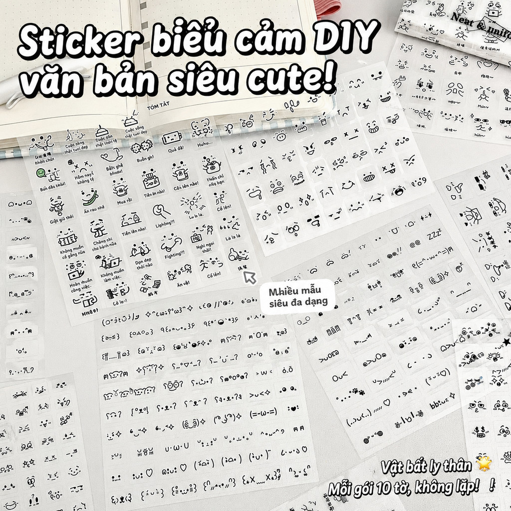 Set 10 Sticker Ký Tự Emoji 8x8cm Trong Suốt Decor Laptop Điện Thoại STI113
