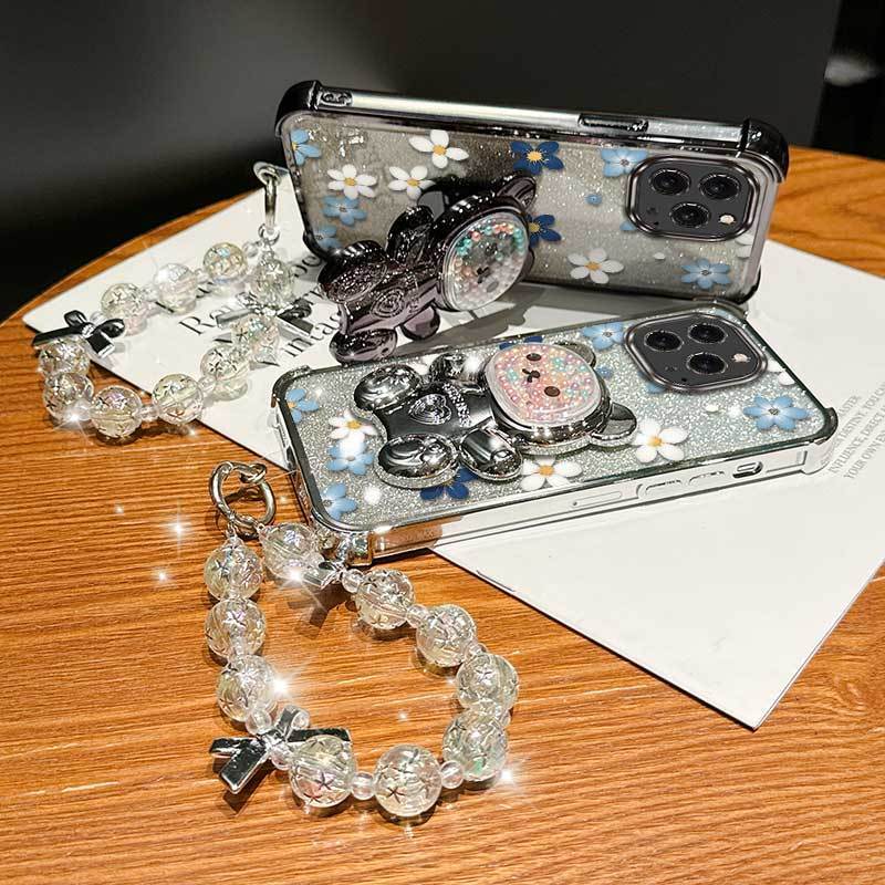 3 chiếc (Vỏ điện thoại hoa trắng + Dây buộc + Chân đế gấu) Thích hợp cho iPhone 16 Pro Max Với cảm g