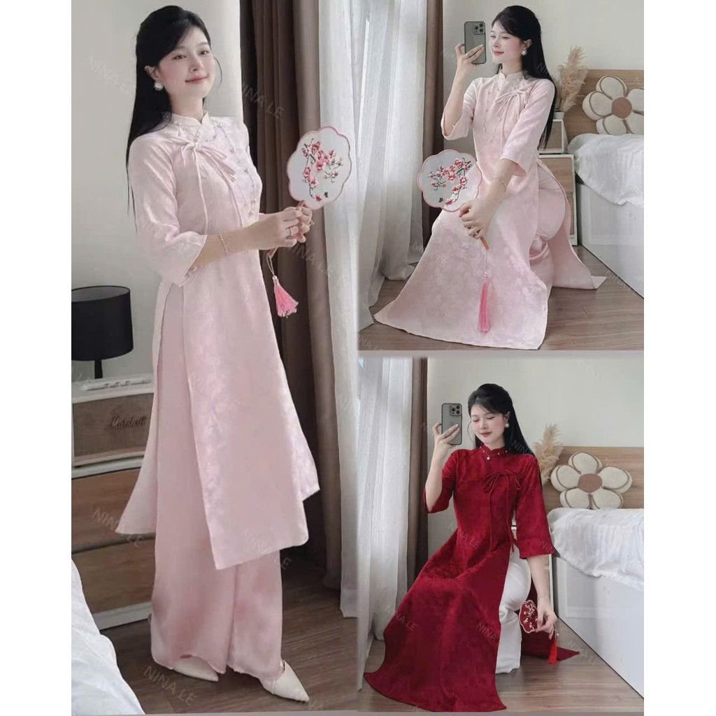 Sét Bộ Áo Dài Tết Gấm Lụa NT2216 Họa Tiết Vân Hoa Văn Ánh Nhủ Hàng Tuyển Cực Xinh Cho Nàng Có Size T