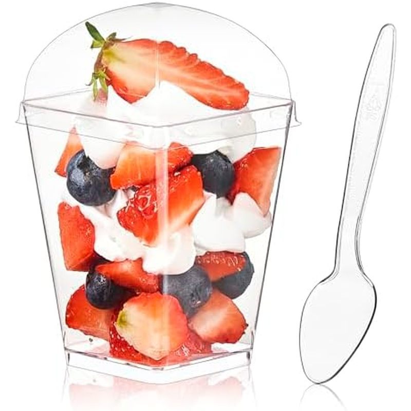 and Spoons, Clear Plastic Parfait Appetizer Cups Dessert Shooters Party Serving Cups for Pudding Fru