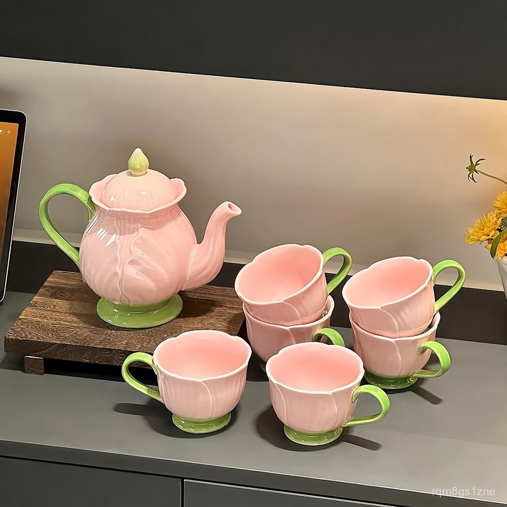 Pastoral Style Tulip Cup Set Ceramic Household Living Room Teapot and Cup Set Housewarming Gift Tea 