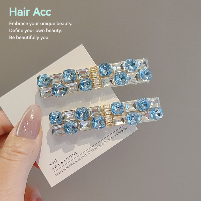 Màu xanh Full Kim Cương Giả Bên Kẹp Tính Khí Thời Trang Nổ Kẹp Tóc Gãy Tidy-up Breaking Kẹp Tóc