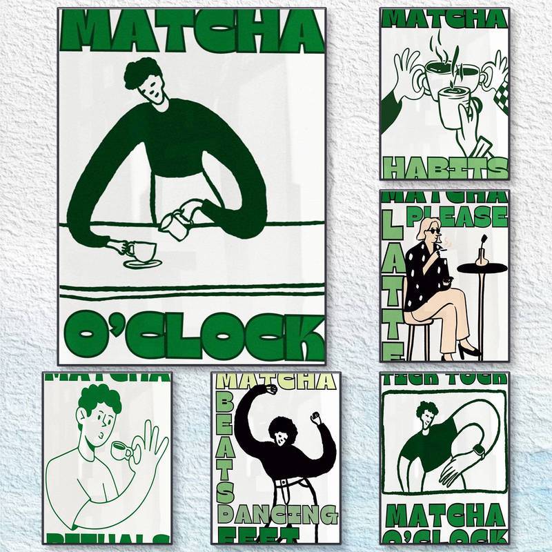 Bộ nghệ thuật vải Matcha tối giản, Matcha O 'Clock & Coffee Lover Trang trí tường cho nhà bếp & quán