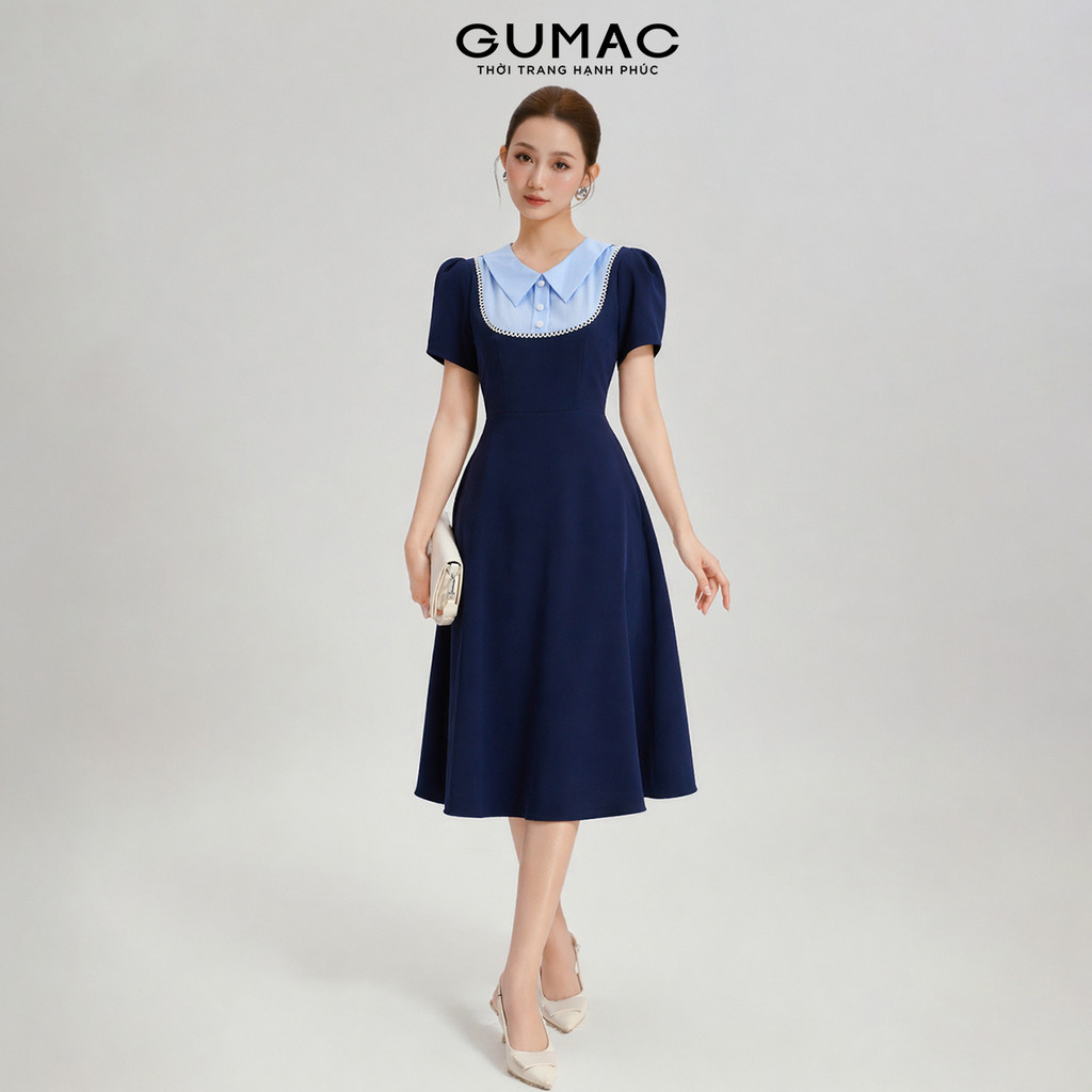 Đầm nữ dáng A xòe cổ phối sọc tay ngắn có túi thời trang GUMAC LDF0902
