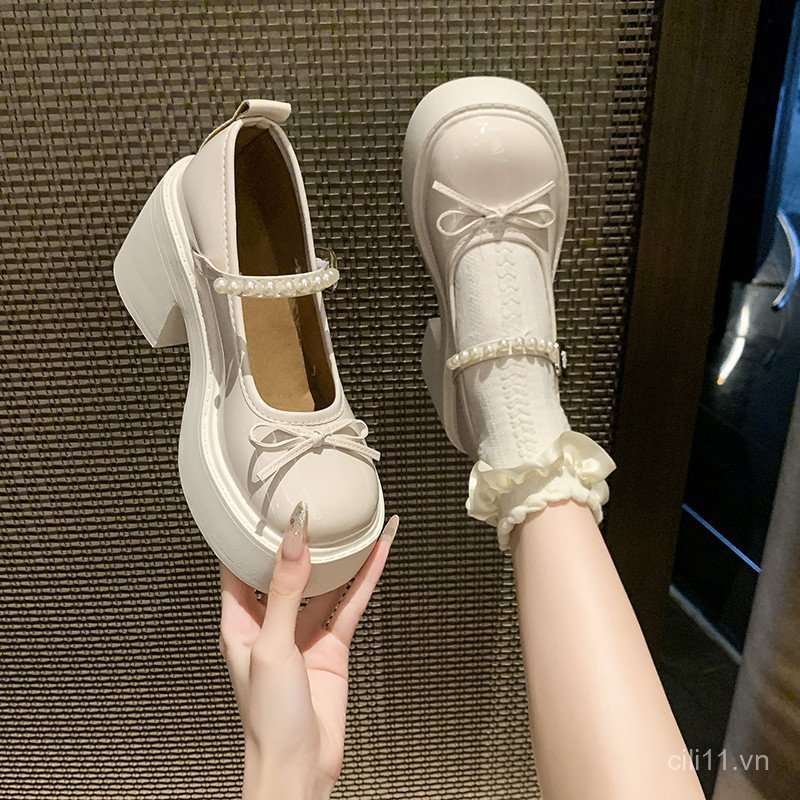 Giày Da Nhỏ Đế Dày Pháp Nữ Phong Cách Mới Giày Gót Dày lolita Cao Gót Mary Jane Giày 35mlP