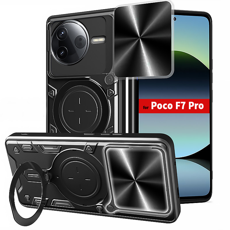 Giáp Kim Loại Nhẫn Đứng Chống Sốc Cho Xiaomi Poco F7 Pro Ốp điện thoại Trượt Ống Kính Mặt Sau Cho Po