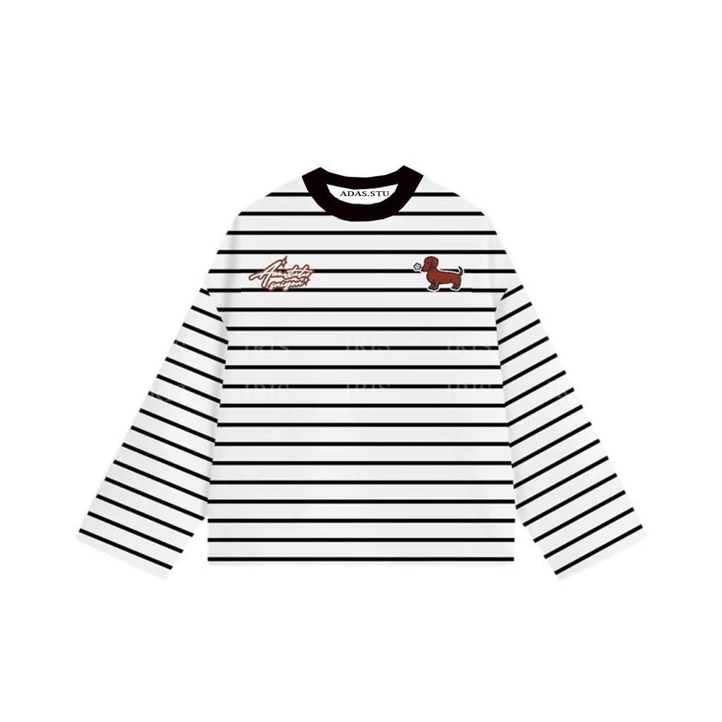 Áo Thun Tay Dài Kẻ Sọc Unisex Họa Tiết Cún Xinh