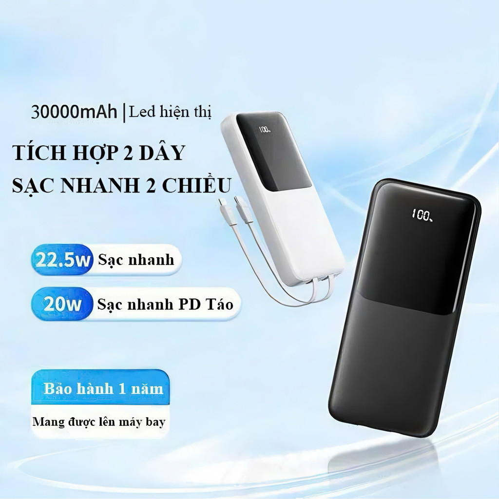 Sạc Dự Phòng 30000mAh 22.5W Sạc Nhanh PD QC3.0 Tích Hợp 2 Dây Type C/LN Tương Thích Mọi Thiết Bị