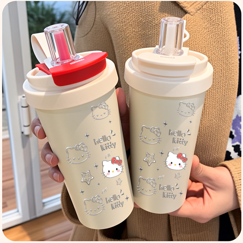 Ly uống nước Hello Kitty màu kem in hình mèo và chữ hello kitty phù hợp đi học đi làm