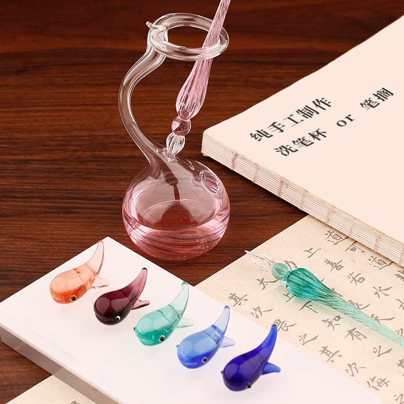 Spot Goods#Stationery Glass Dip Pen Washer Cup Pen Washer Small Whale Small Rabbit Pen Holder Pen Re