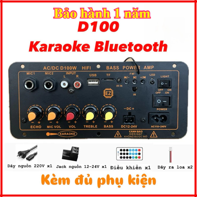 ✔Mạch loa D100 hát Karaoke Bluetooth 5.0 - 300W, có cổng cắm mạch mic không dây, 12V/24V/220V (Tặng 