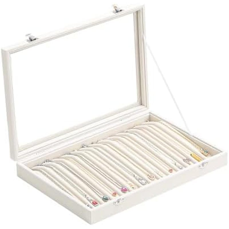 lvet Neckalce Organizer Box with Clear Lid, Pendant Chain Necklace Jewelry Organizer Drawer Tray for