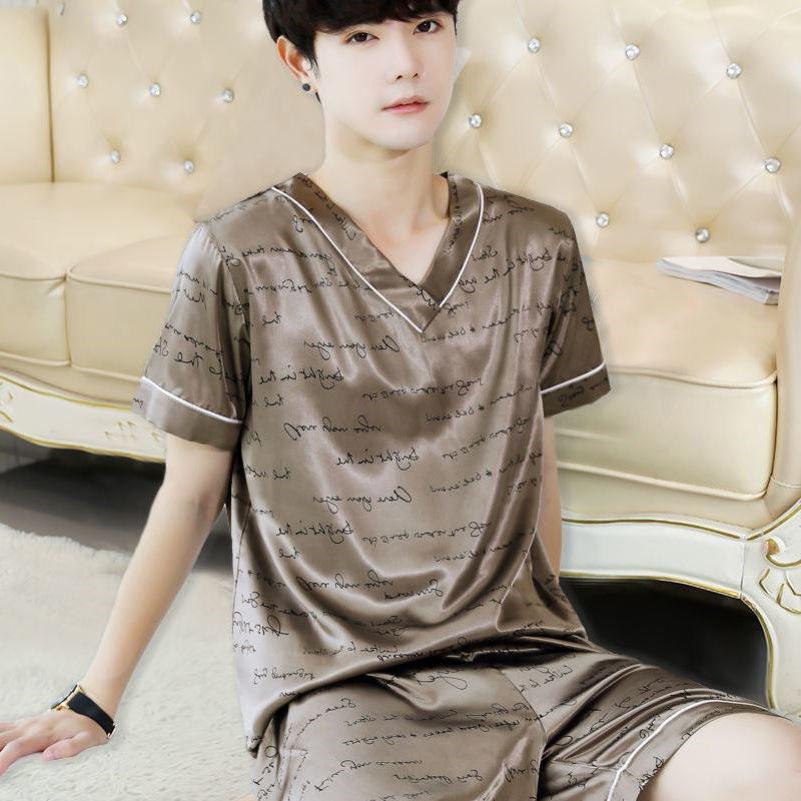 2026新款男士睡衣冰丝男款天短袖套装薄款可外穿丝绸家居服2026Men's Pajamas Ice Silk Men's Day Short Sleeve Suit Thin20260515