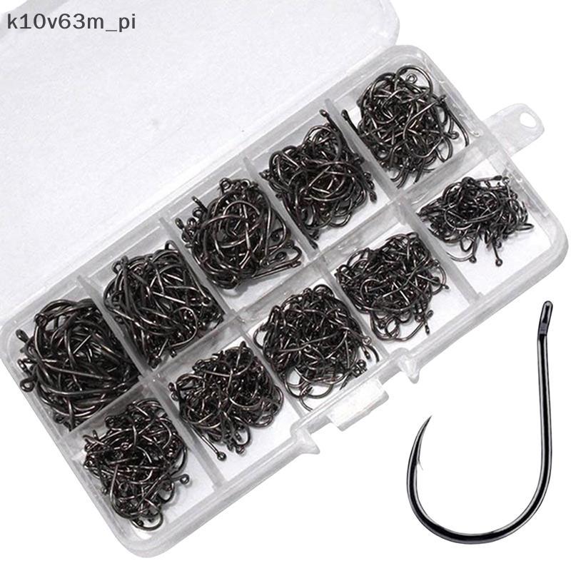 kv 100-500PCS High Carbon Steel Fishing Hooks Set, Durable Barbed Fishhook Rock Fishing Tackle Gear 
