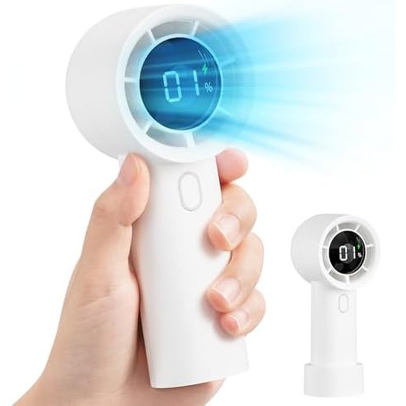 ) Adjustable Hand Held Fan with LED Display, 3000mAh Rechargeable Battery Operated Desk Fan for Home