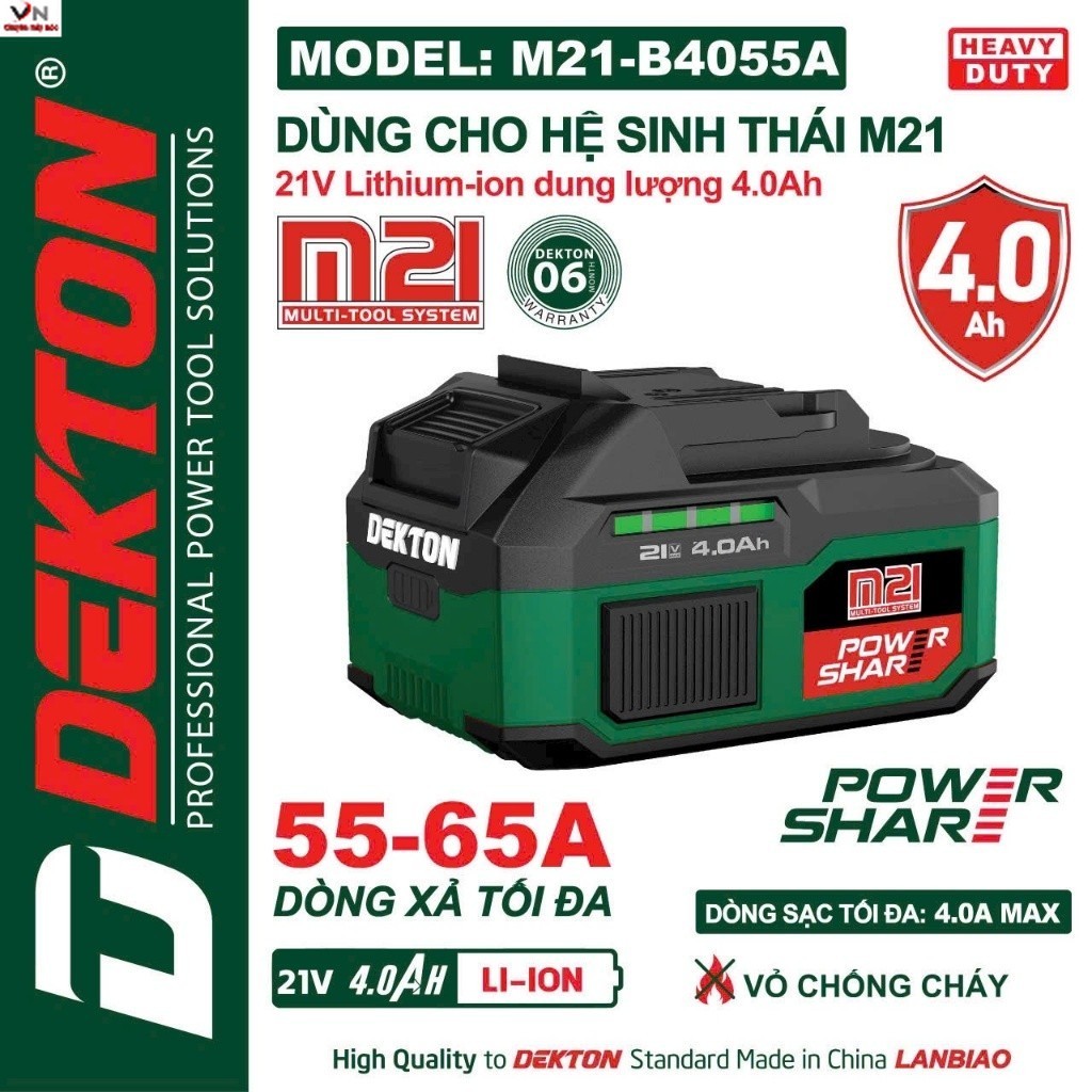 Pin 21V Dekton M21-B4055A, Dung lượng 4000mAh | Dòng Xả 55A | Chân Pin Phổ Thông | VN máy móc
